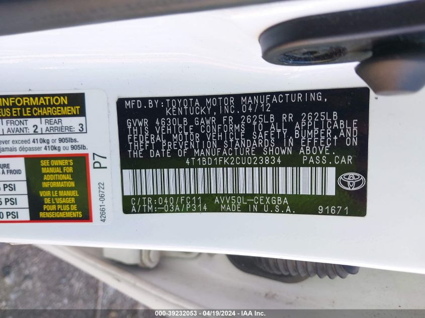 2012 Toyota Camry Hybrid Xle VIN: 4T1BD1FK2CU023834 Lot: 39232053