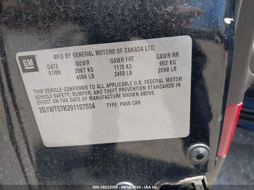 2009 Chevrolet Impala Lt VIN: 2G1WT57K291107504 Lot: 39232055