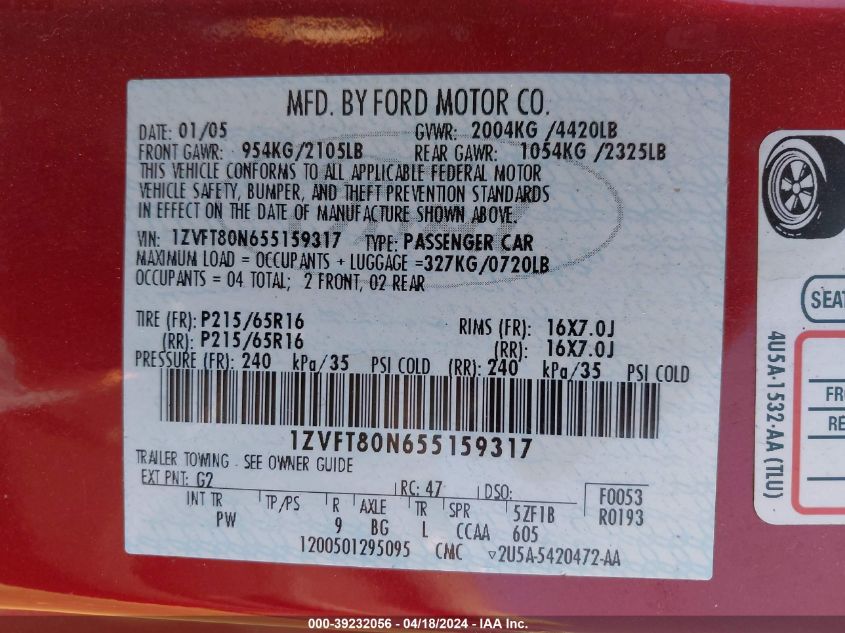 2005 Ford Mustang V6 Deluxe/V6 Premium VIN: 1ZVFT80N655159317 Lot: 49135214
