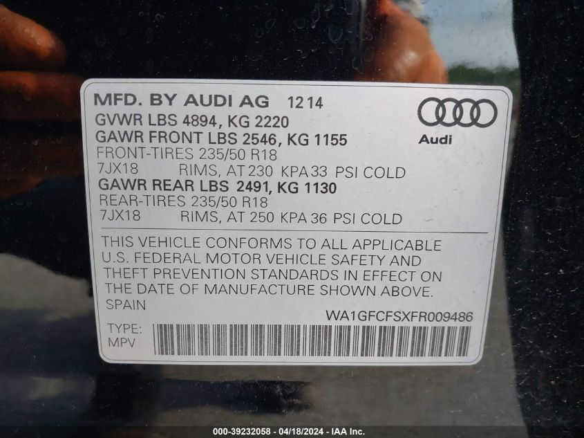 2015 Audi Q3 2.0T Premium Plus VIN: WA1GFCFSXFR009486 Lot: 20151958