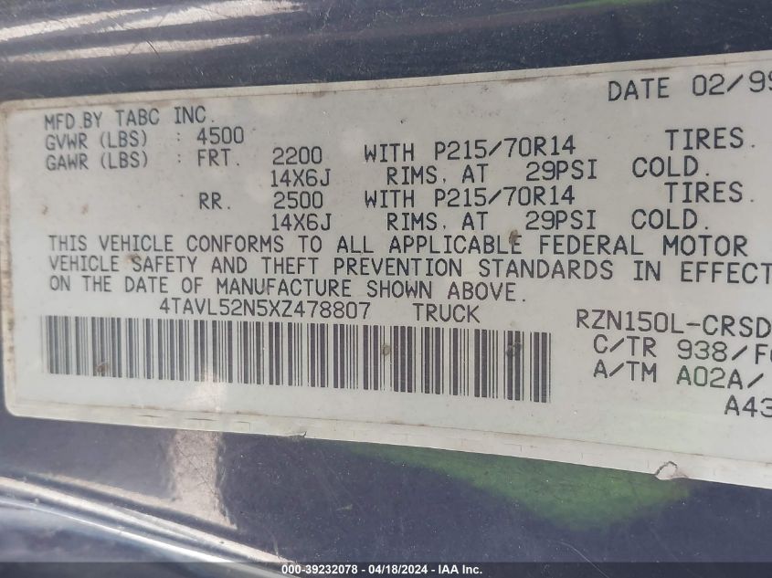 1999 Toyota Tacoma VIN: 4TAVL52N5XZ478807 Lot: 30036156
