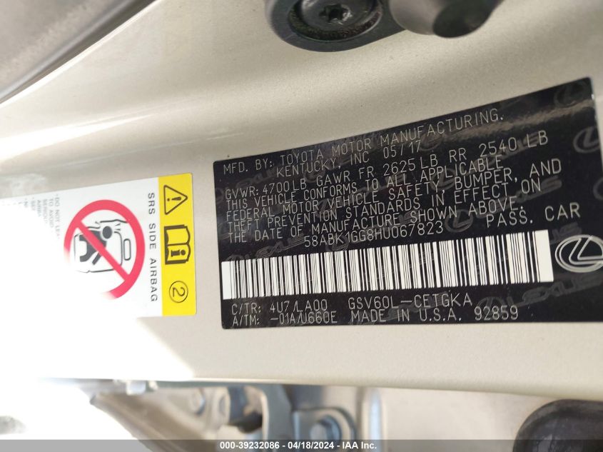 2017 Lexus Es 350 VIN: 58ABK1GG8HU067823 Lot: 39232086