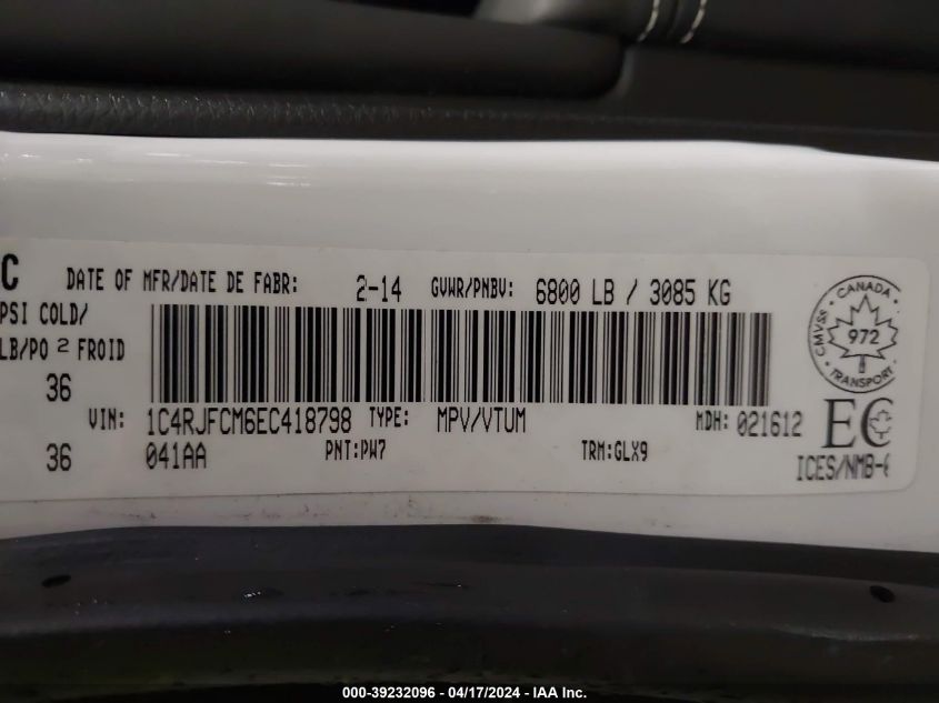 2014 Jeep Grand Cherokee Overland VIN: 1C4RJFCM6EC418798 Lot: 39232096