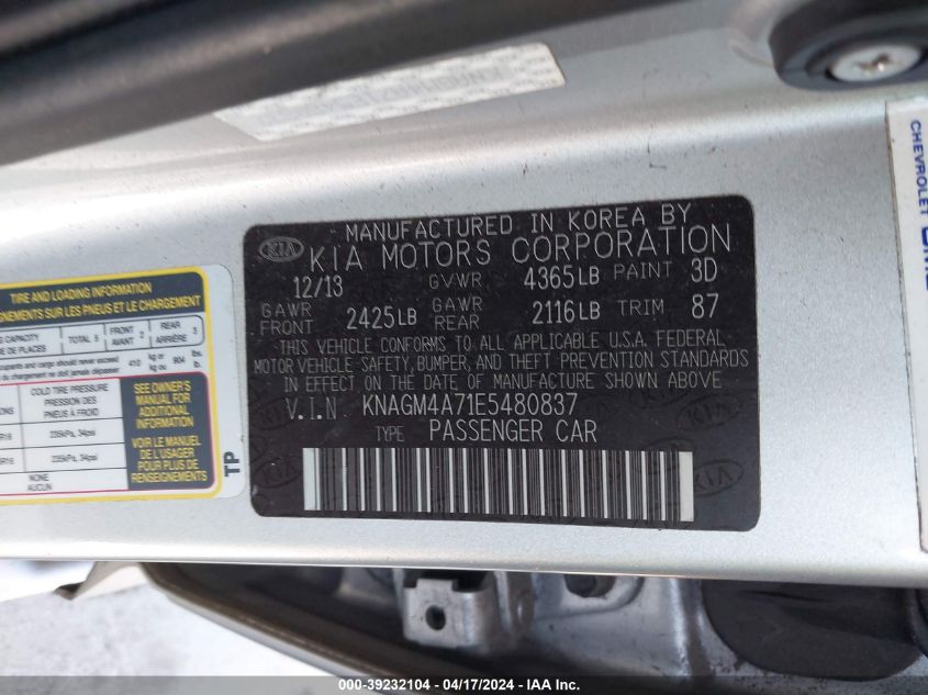 2014 Kia Optima Lx VIN: KNAGM4A71E5480837 Lot: 39232104