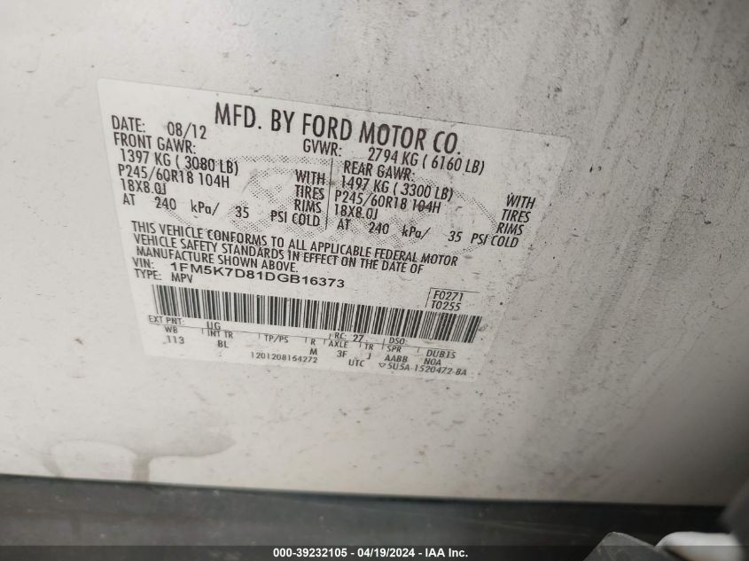 2013 Ford Explorer Xlt VIN: 1FM5K7D81DGB16373 Lot: 39232105