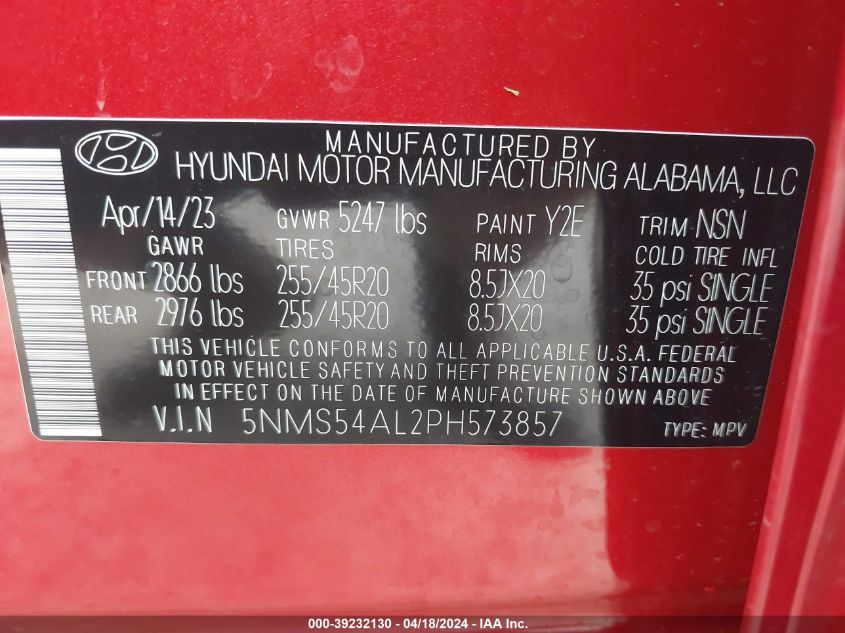 2023 Hyundai Santa Fe Calligraphy VIN: 5NMS54AL2PH573857 Lot: 39232130