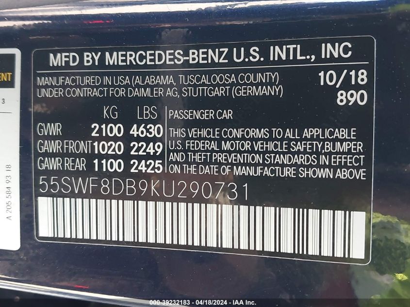 2019 Mercedes-Benz C 300 VIN: 55SWF8DB9KU290731 Lot: 39232183