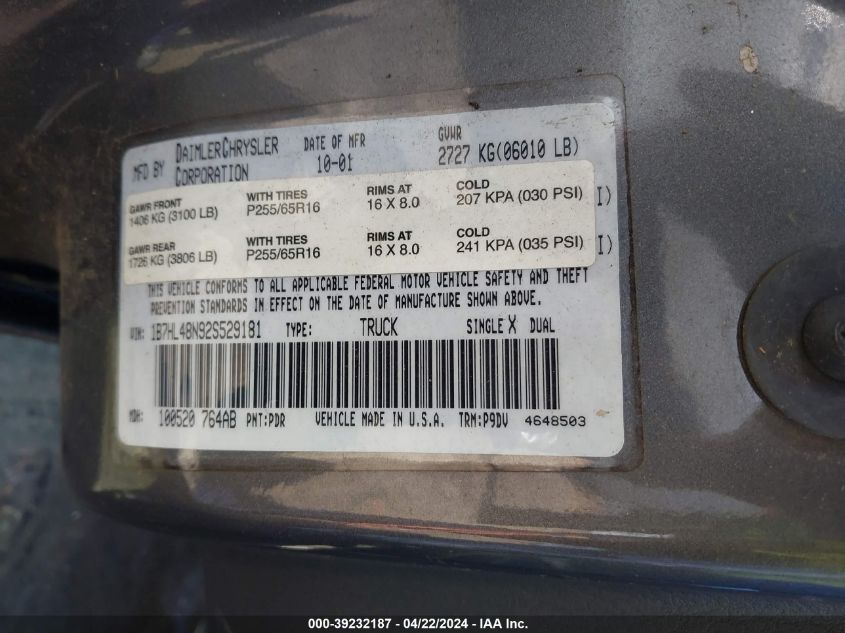 2002 Dodge Dakota Slt VIN: 1B7HL48N92S529181 Lot: 39232187