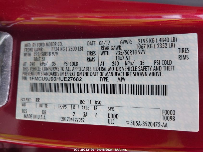 2017 Ford Escape Titanium VIN: 1FMCU9J90HUE27682 Lot: 39232190