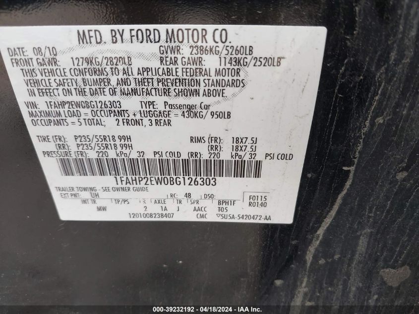 2011 Ford Taurus Sel VIN: 1FAHP2EW0BG126303 Lot: 39232192