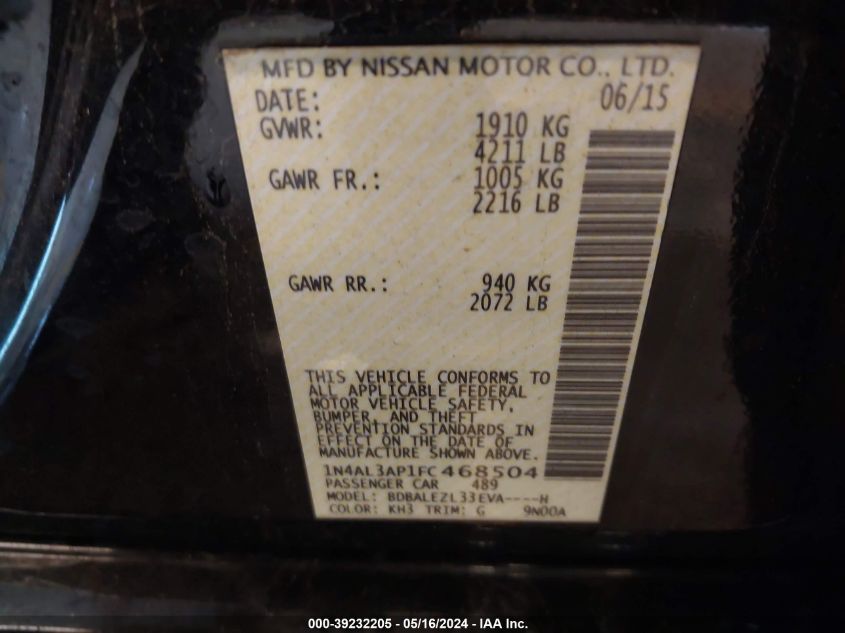 2015 Nissan Altima 2.5 S VIN: 1N4AL3AP1FC468504 Lot: 39232205