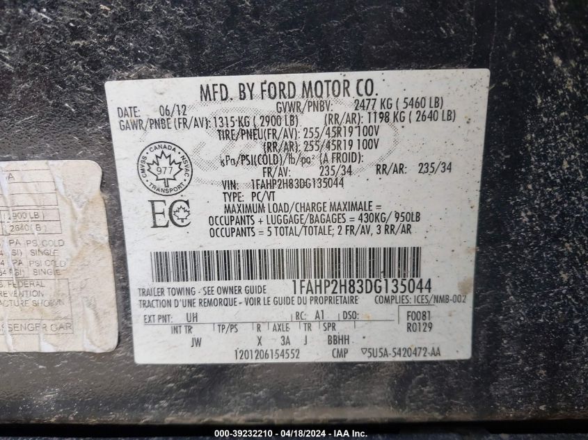 2013 Ford Taurus Sel VIN: 1FAHP2H83DG135044 Lot: 39232210