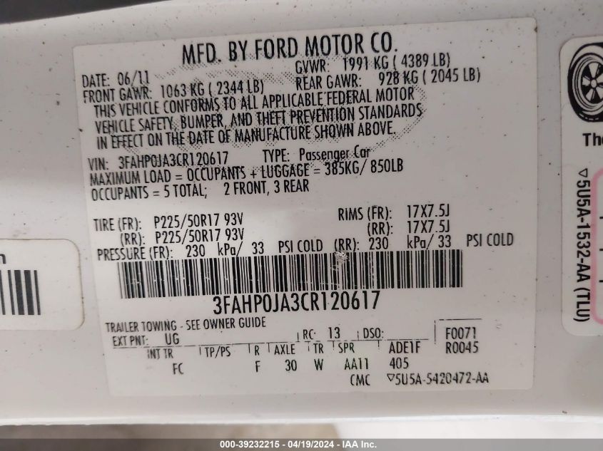 2012 Ford Fusion Sel VIN: 3FAHP0JA3CR120617 Lot: 39232215