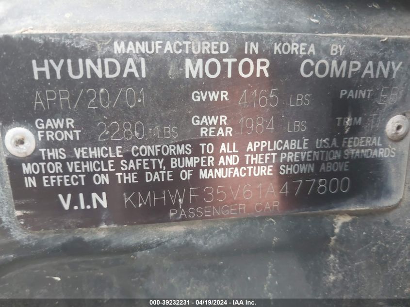 2001 Hyundai Sonata Gls/Gls W/Leather VIN: KMHWF35V61A477800 Lot: 39232231