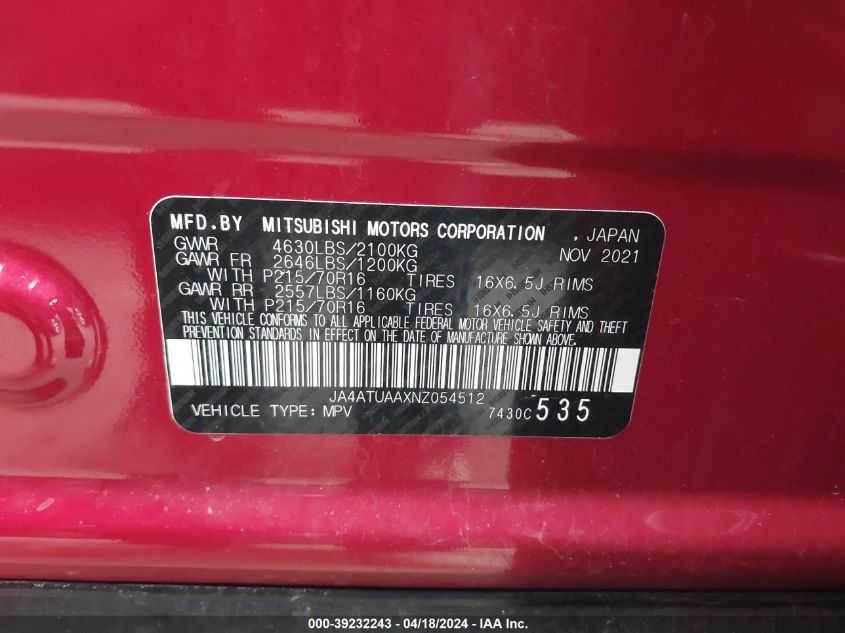 2022 Mitsubishi Eclipse Cross Es S-Awc VIN: JA4ATUAAXNZ054512 Lot: 39232243