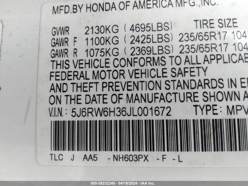 2018 Honda Cr-V Lx VIN: 5J6RW6H36JL001672 Lot: 39232245