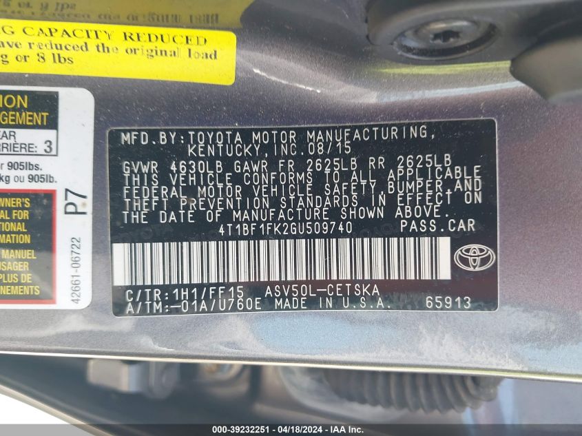 2016 Toyota Camry Se VIN: 4T1BF1FK2GU509740 Lot: 39232251