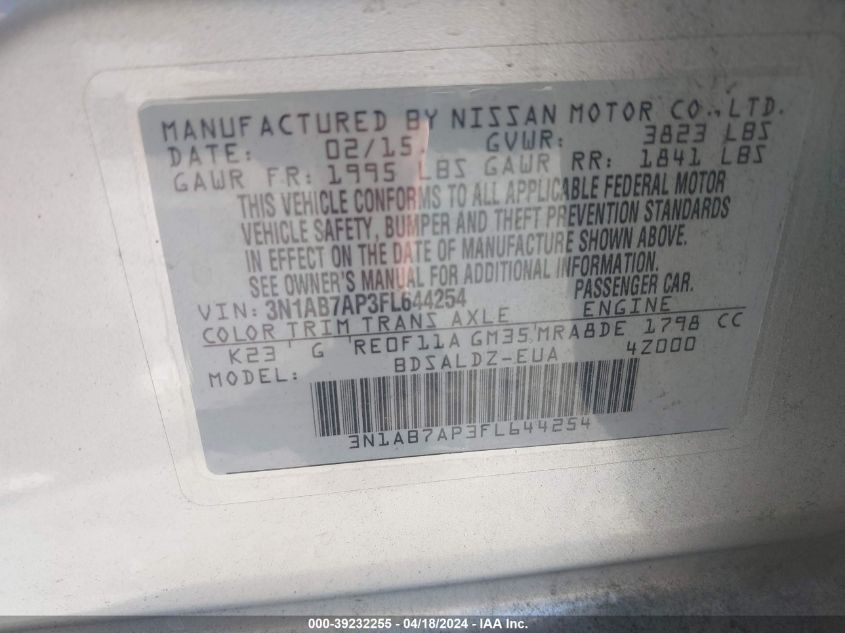 2015 Nissan Sentra Sv VIN: 3N1AB7AP3FL644254 Lot: 39232255
