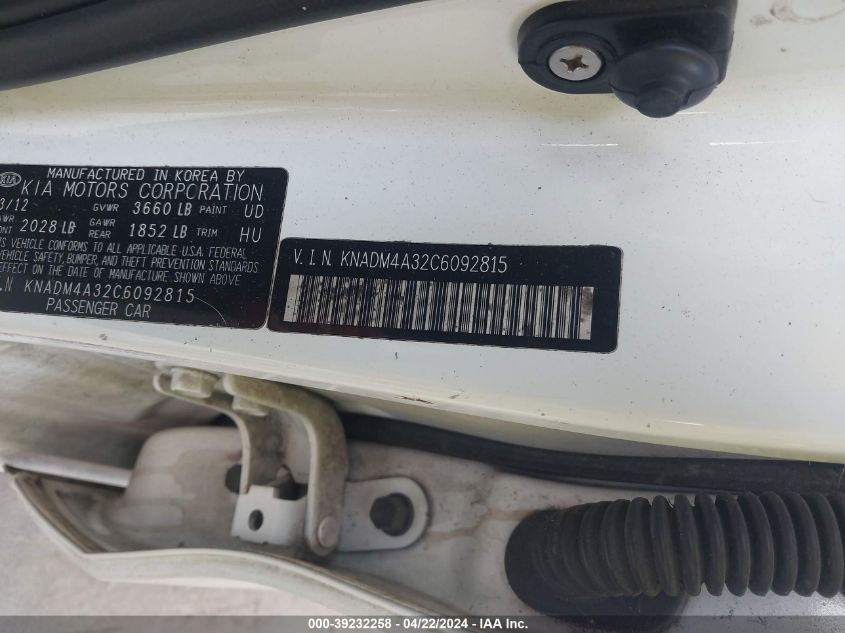 2012 Kia Rio Lx VIN: KNADM4A32C6092815 Lot: 39232258