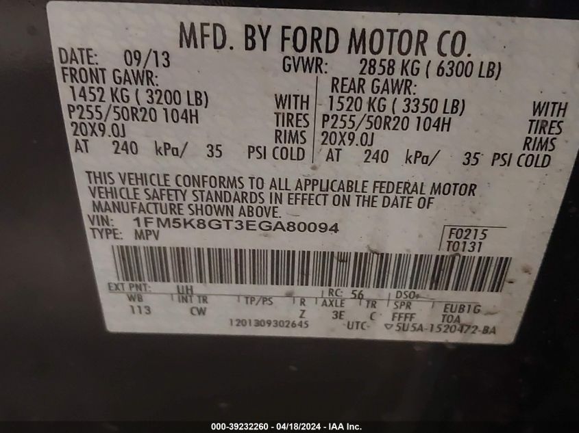 2014 Ford Explorer Sport VIN: 1FM5K8GT3EGA80094 Lot: 39232260