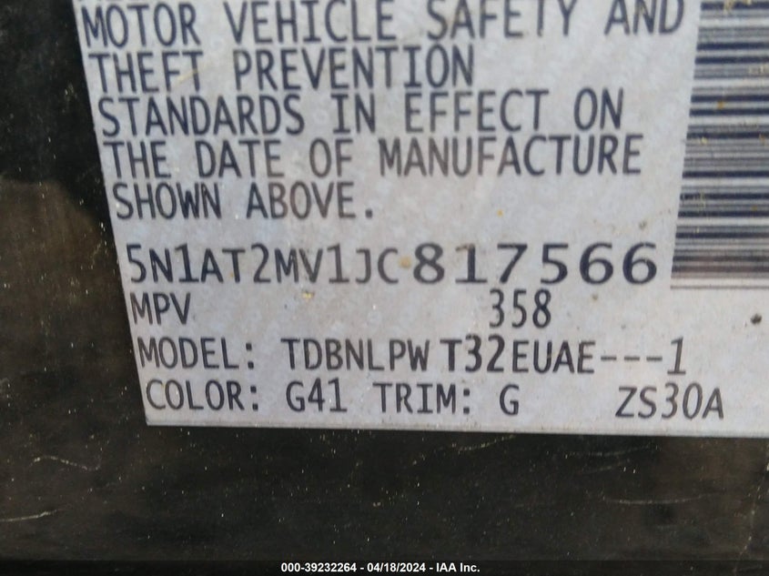 2018 Nissan Rogue S VIN: 5N1AT2MV1JC817566 Lot: 39232264
