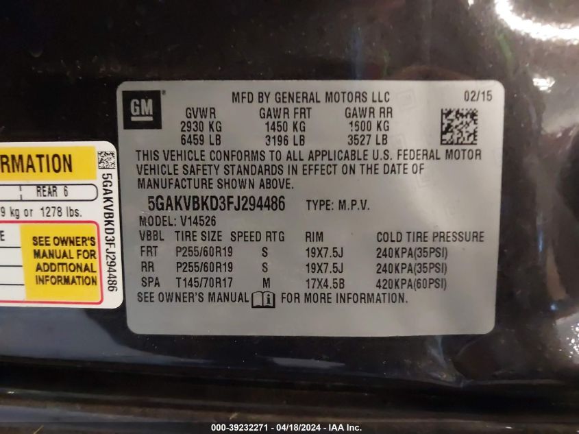 2015 Buick Enclave Leather VIN: 5GAKVBKD3FJ294486 Lot: 39232271