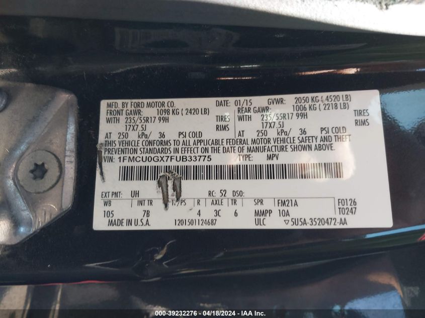 2015 Ford Escape Se VIN: 1FMCU0GX7FUB33775 Lot: 39232276