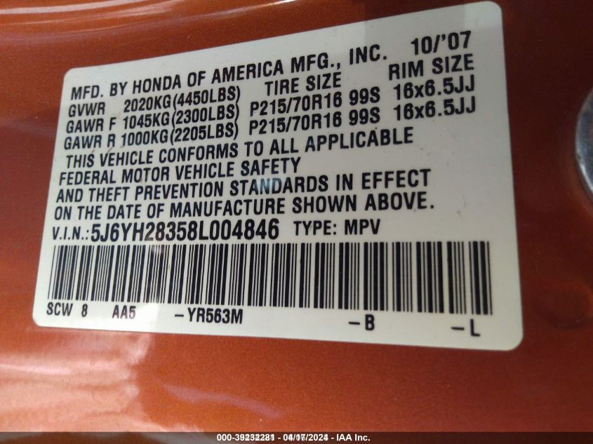 2008 Honda Element Lx VIN: 5J6YH28358L004846 Lot: 39232281