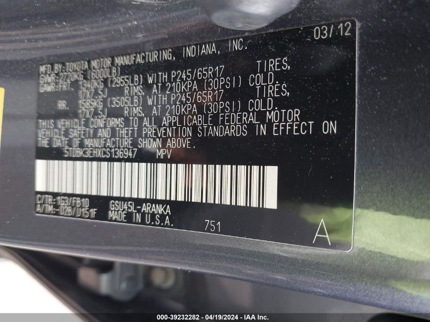 2012 Toyota Highlander Base V6 VIN: 5TDBK3EHXCS136947 Lot: 39232282