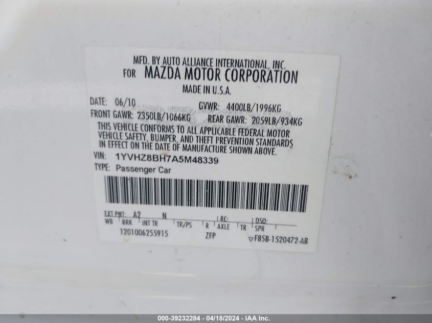 2010 Mazda Mazda6 I Sport VIN: 1YVHZ8BH7A5M48339 Lot: 39232284