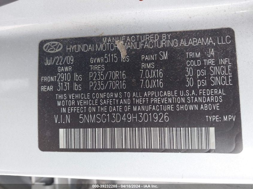 2009 Hyundai Santa Fe Gls VIN: 5NMSG13D49H301926 Lot: 39232285