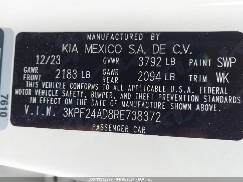 2024 KIA FORTE LX/LXS - 3KPF24AD8RE738372