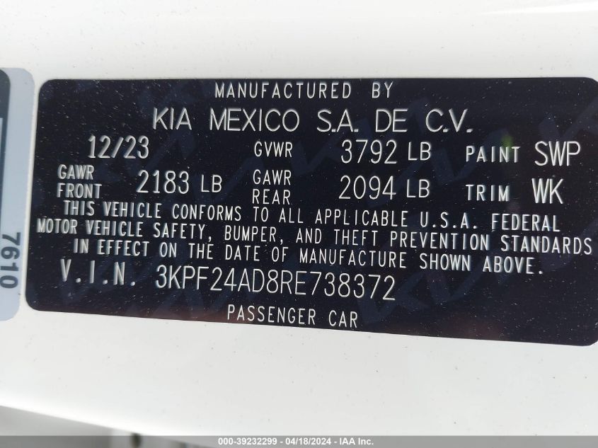 2024 Kia Forte Lxs VIN: 3KPF24AD8RE738372 Lot: 39232299