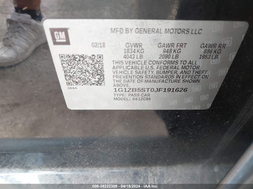 2018 Chevrolet Malibu 1Ls VIN: 1G1ZB5ST0JF191626 Lot: 39232309
