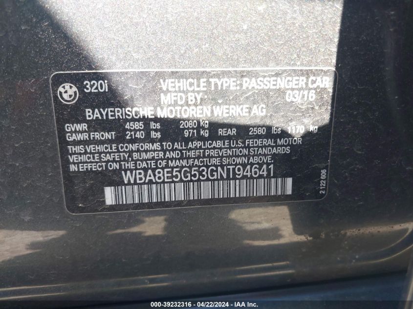 2016 BMW 320I xDrive VIN: WBA8E5G53GNT94641 Lot: 39232316