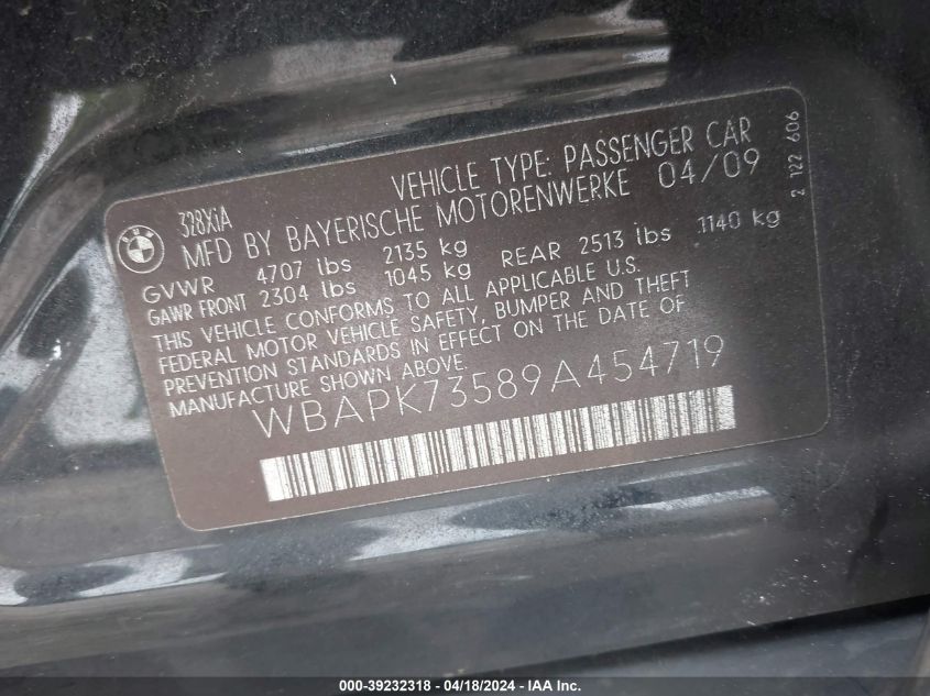 2009 BMW 328I xDrive VIN: WBAPK73589A454719 Lot: 39232318