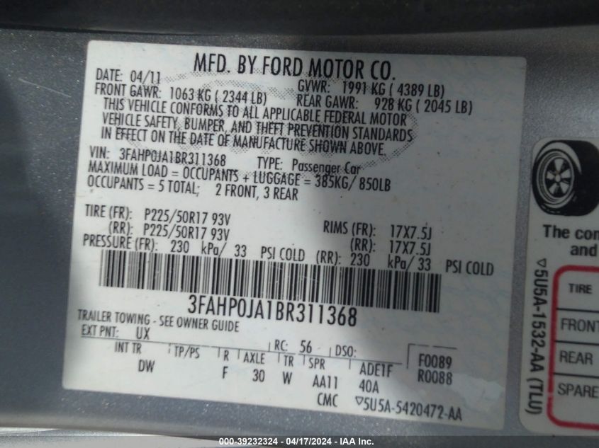 2011 Ford Fusion Sel VIN: 3FAHP0JA1BR311368 Lot: 39232324