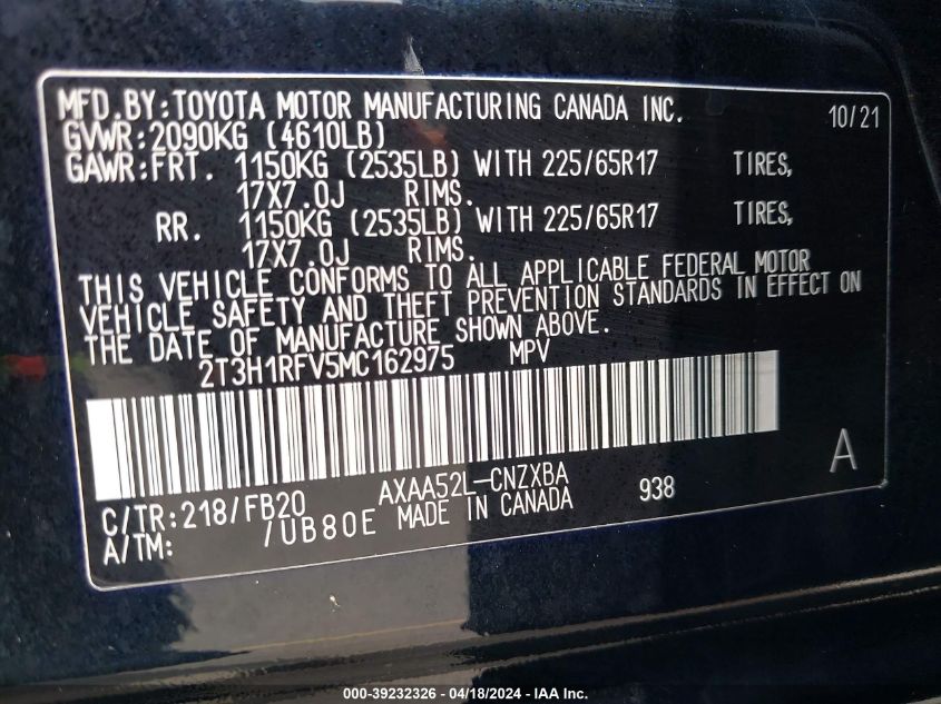 2021 Toyota Rav4 Le VIN: 2T3H1RFV5MC162975 Lot: 39232326