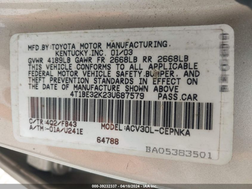 2003 Toyota Camry Le VIN: 4T1BE32K23U687579 Lot: 39232337