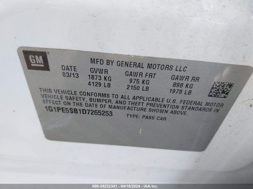 2013 Chevrolet Cruze 2Lt Auto VIN: 1G1PE5SB1D7265253 Lot: 39232341