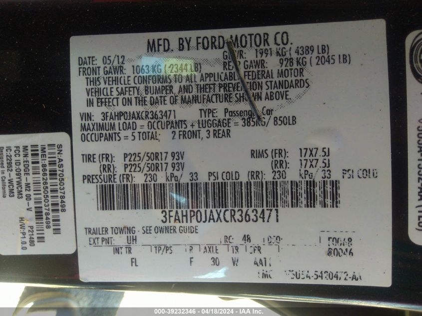 2012 Ford Fusion Sel VIN: 3FAHP0JAXCR363471 Lot: 39232346