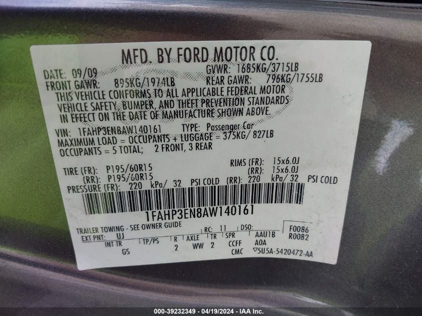 1FAHP3EN8AW140161 | 2010 FORD FOCUS