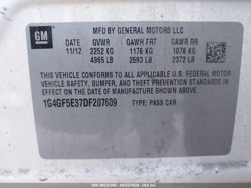 2013 Buick Lacrosse Premium 1 Group VIN: 1G4GF5E37DF207609 Lot: 39232358