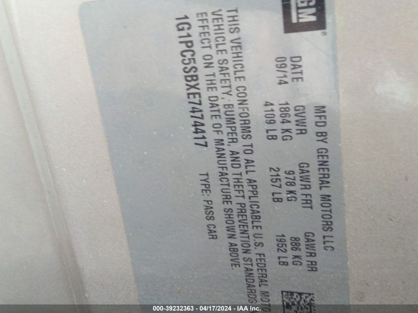 2014 Chevrolet Cruze 1Lt Auto VIN: 1G1PC5SBXE7474417 Lot: 39232363