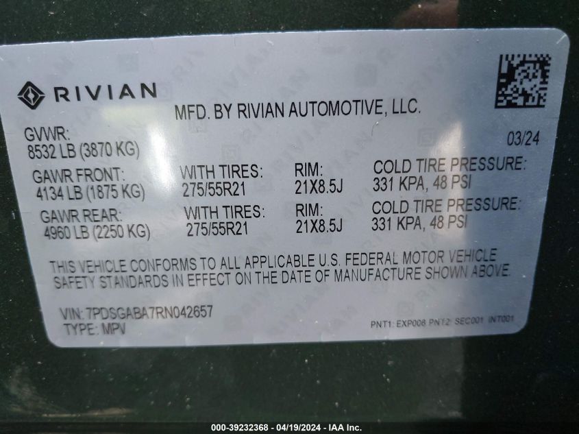 7PDSGABA7RN042657 2024 Rivian R1S Adventure Quad Motor Large Pack