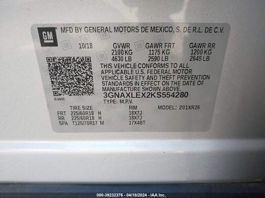 2019 Chevrolet Equinox Lt VIN: 3GNAXLEX2KS554280 Lot: 39232376