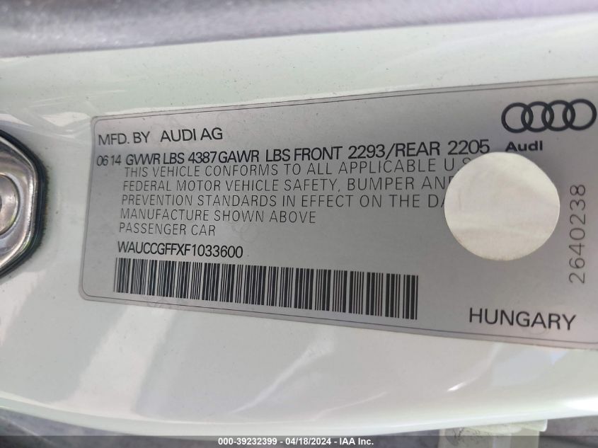 2015 Audi A3 1.8T Premium VIN: WAUCCGFFXF1033600 Lot: 39232399