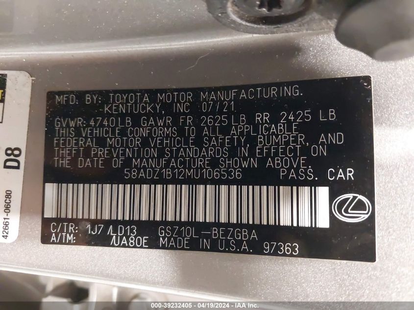 2021 Lexus Es 350 VIN: 58ADZ1B12MU106536 Lot: 39232405