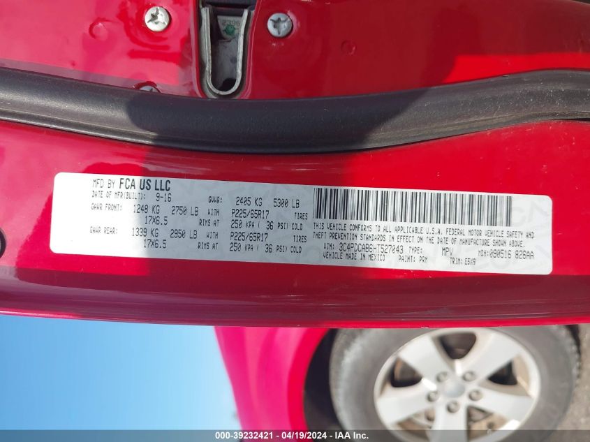 2017 Dodge Journey Se VIN: 3C4PDCAB6HT527043 Lot: 39232421