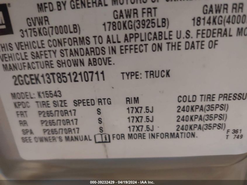 2005 Chevrolet Silverado 1500 Z71 VIN: 2GCEK13T851210711 Lot: 39232429